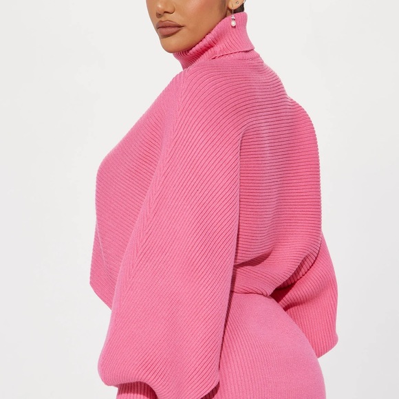 Pink ribbed turtleneck dolman sweater skirt dress set - Picture 2 of 5